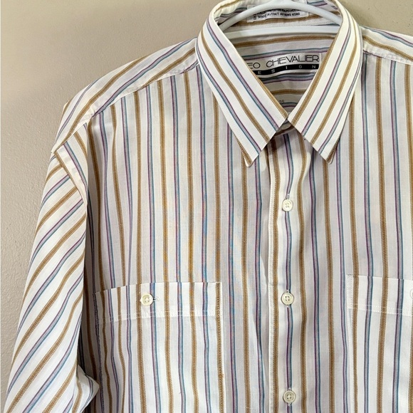 Vintage Leo Chevalier White Cotton Dress Shirt Purple/Blue & Tan Stripes - Picture 3 of 13